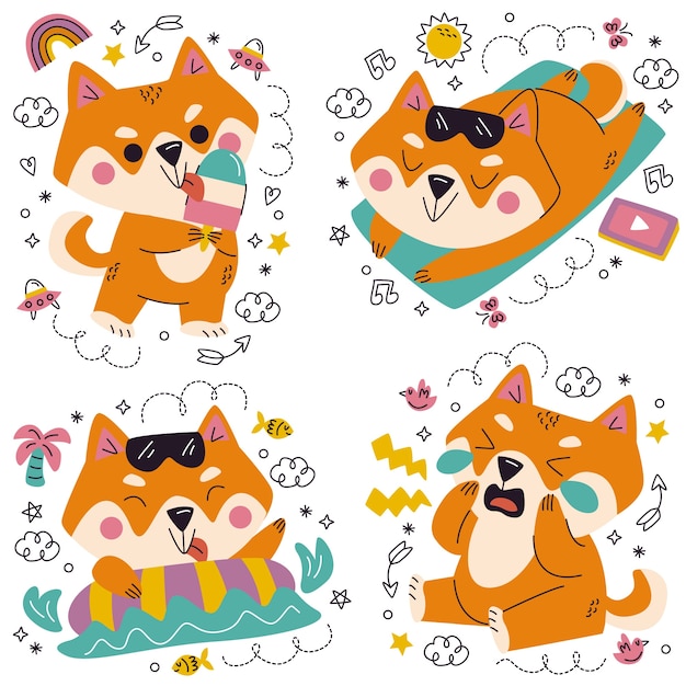 Vetor grátis coleção de adesivos shiba inu desenhados à mão