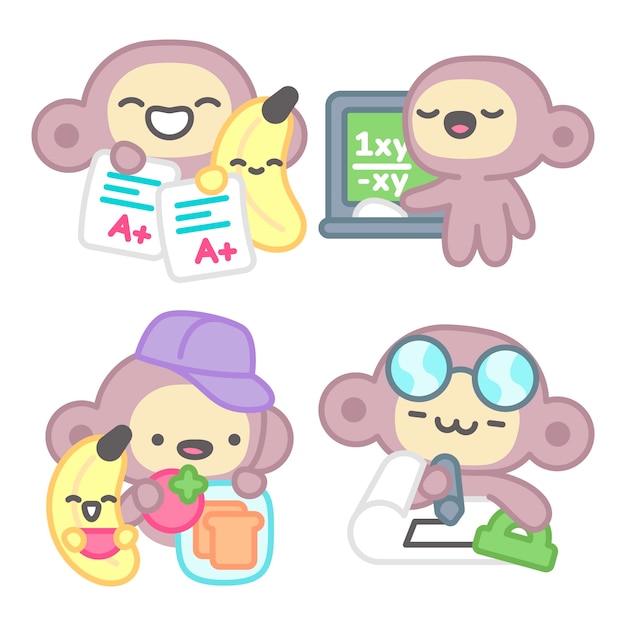 Vetor grátis coleção de adesivos universitários com macaco e banana