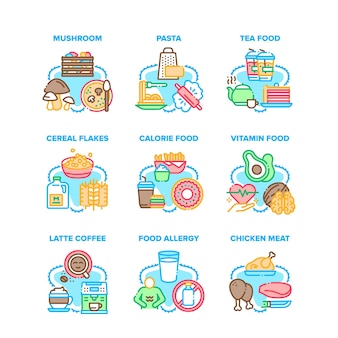 Coleção de alimentos definir ícones vetoriais. alimentos calorias e vitaminas, chá e café latte bebidas quentes energéticas, cogumelos e carne de frango, massas e cereais flocos ilustrações coloridas