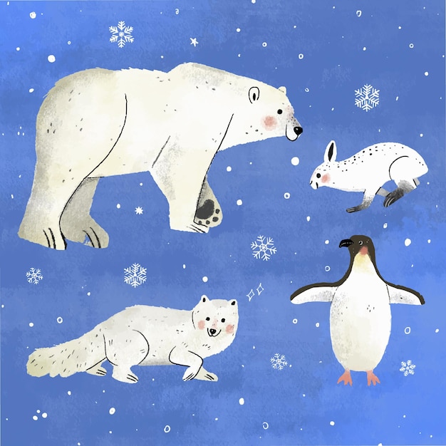 Vetor grátis coleção de animais de inverno desenhada à mão