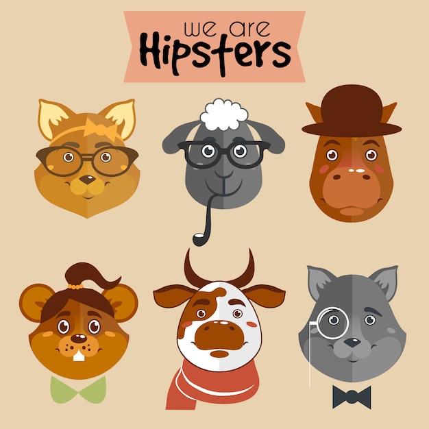 Coleção de animais de personagem de desenho animado hipster