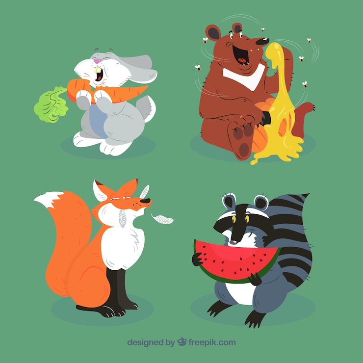 Vetor grátis coleção de animais felizes comendo
