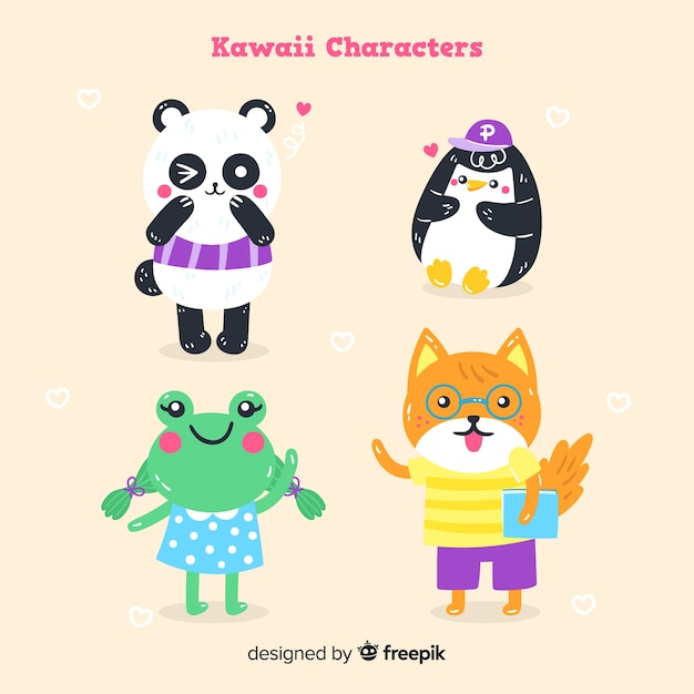 Coleção de animais kawaii desenhada a mão