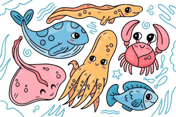 Vetor grátis coleção de animais marinhos desenhada à mão