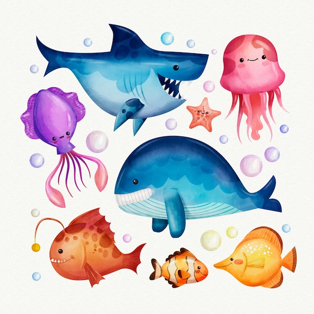 Coleção de animais marinhos em aquarela