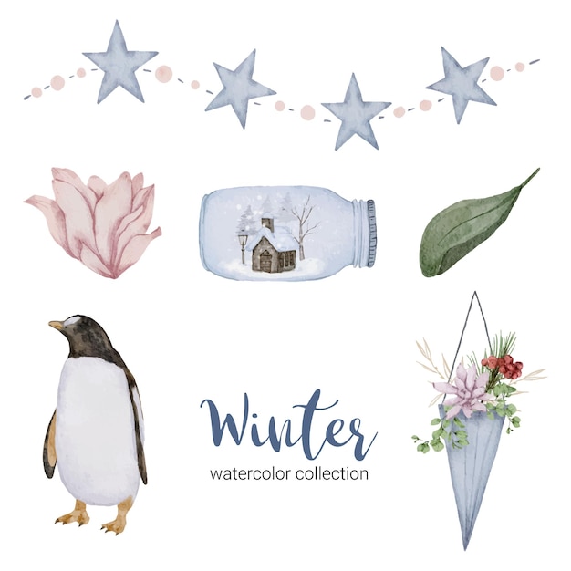 Vetor grátis coleção de aquarela de inverno com folhas, flores de pinguim e potes.