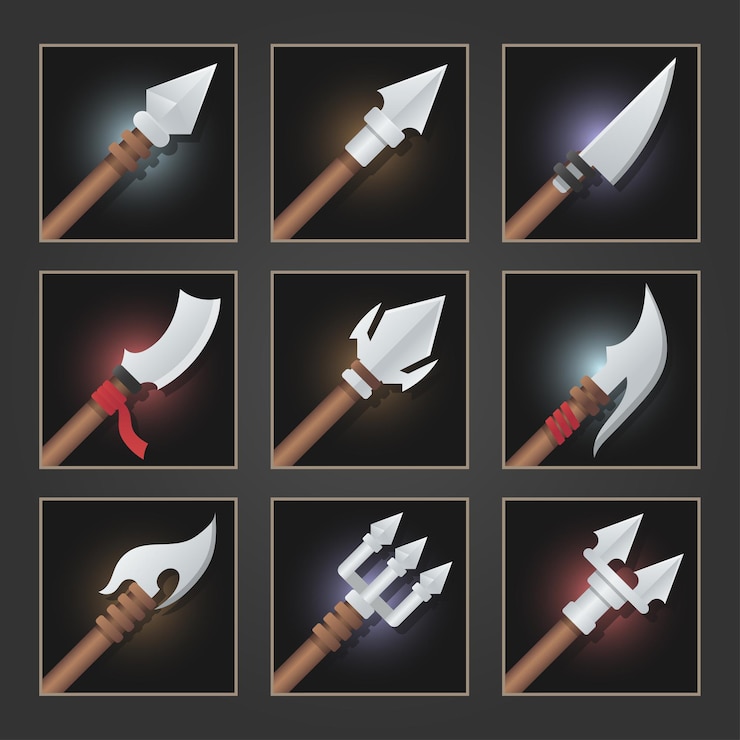 Vetor grátis coleção de armas de decoração para jogos. conjunto de armas de prata.