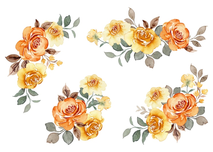 Vetor grátis coleção de arranjos de flores de rosa amarela com aquarela
