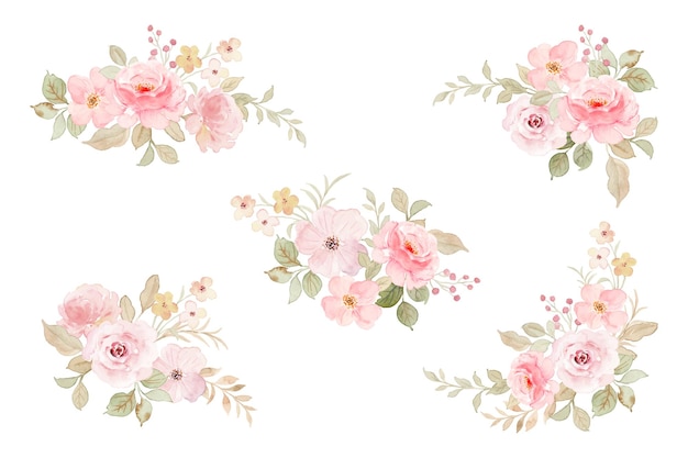 Coleção de arranjos de flores rosa suave em aquarela