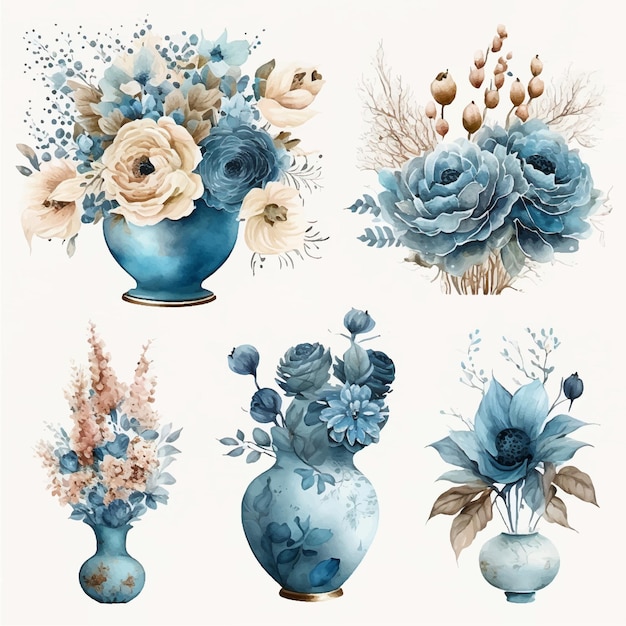 Coleção de arranjos florais em aquarela generativa ai