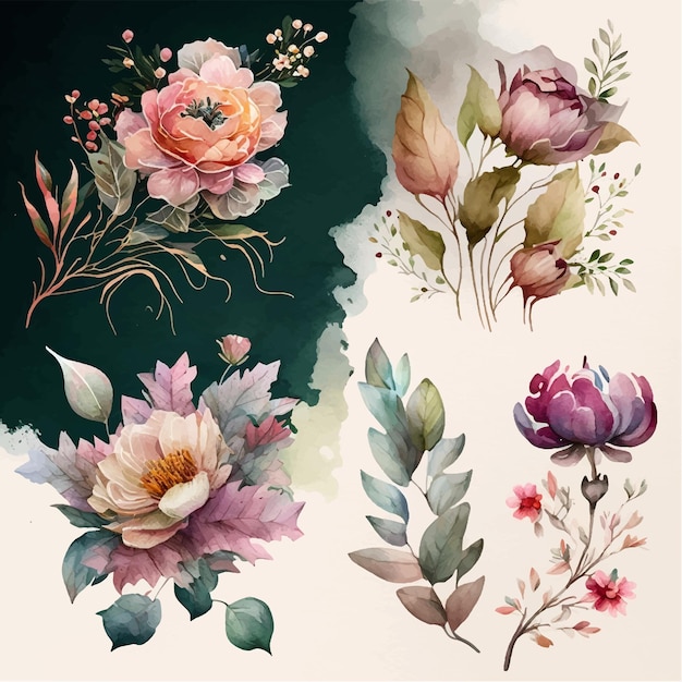 Coleção de arranjos florais em aquarela generativa ai