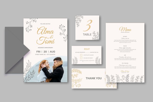 Coleção de artigos de papelaria de aniversário de casamento