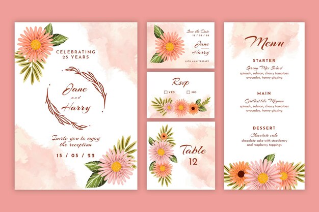Coleção de artigos de papelaria de aniversário de casamento