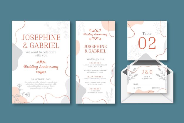 Coleção de artigos de papelaria de aniversário de casamento