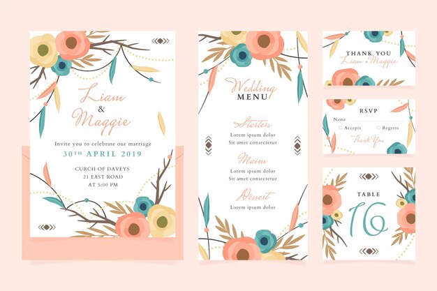 Coleção de artigos de papelaria de casamento boho desenhado à mão