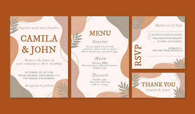 Coleção de artigos de papelaria de casamento boho desenhado à mão