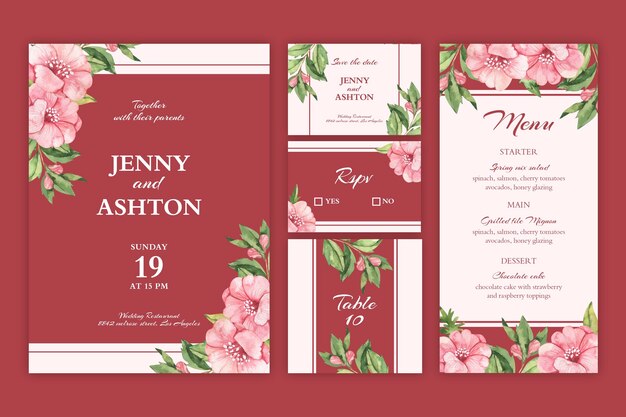 Coleção de artigos de papelaria floral para casamento
