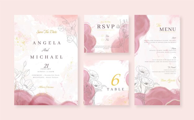 Coleção de artigos de papelaria para casamento com tinta alcoólica de aquarela