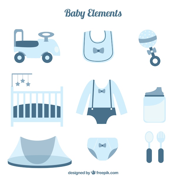 Vetor grátis coleção de artigos do bebê e brinquedos em design plano