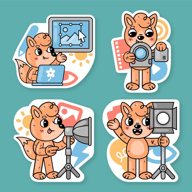 Vetor grátis coleção de autocolantes de fotografia com o fred, a raposa.