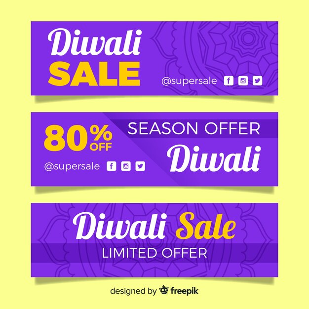 Coleção de banner de Diwali web com design plano