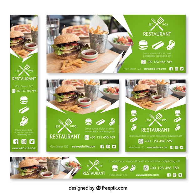 Vetor grátis coleção de banner web burger restaurante com foto