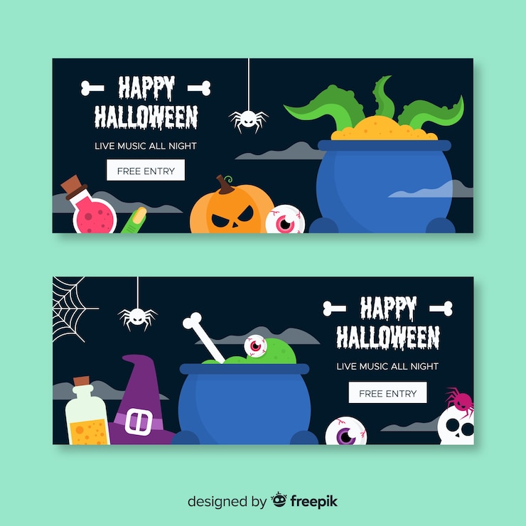 Vetor grátis coleção de banner web halloween com design plano