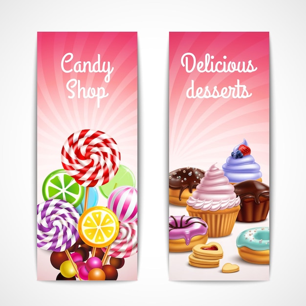 Vetor grátis coleção de banners de doces e sobremesas com dois produtos editáveis de texto e confeitaria de banners verticais