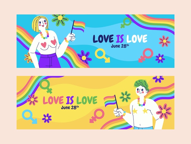 Coleção de banners horizontais de orgulho lgbt plano