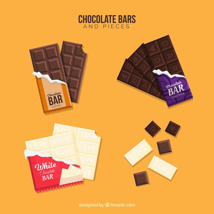 Vetor grátis coleção de barras e pedaços de chocolate com diferentes formas e sabores