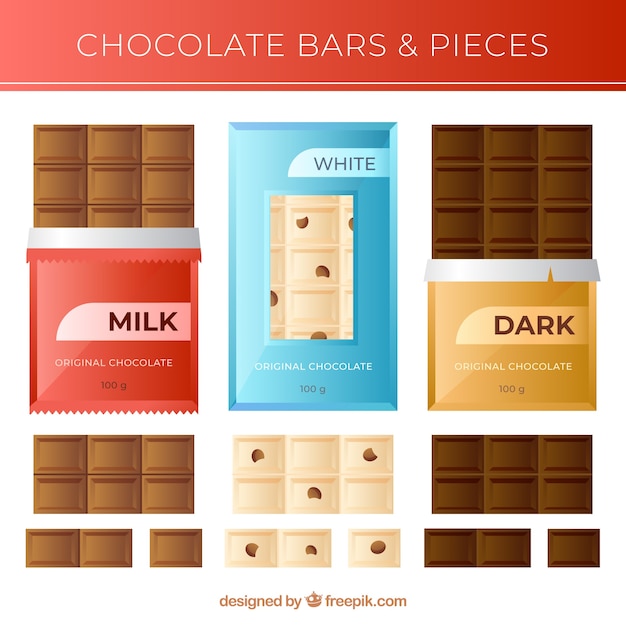 Coleção de barras e pedaços de chocolate com diferentes formas e sabores