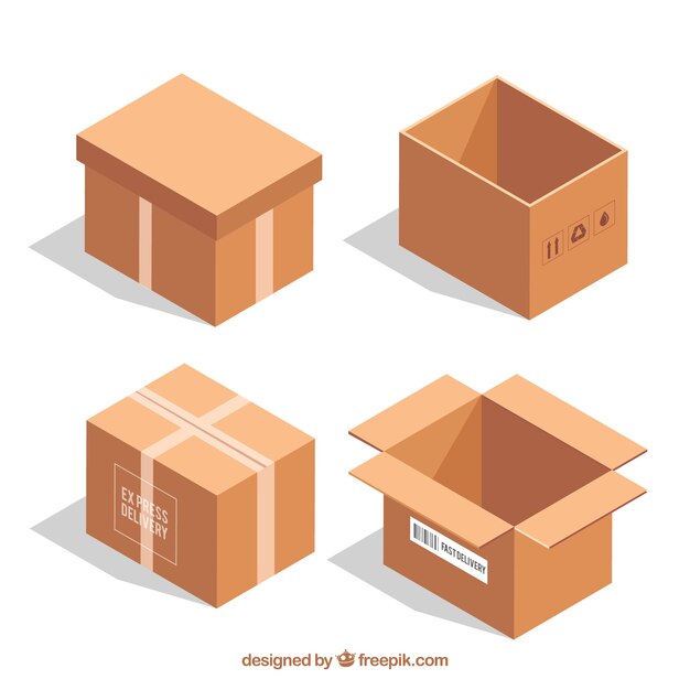 Coleção de caixas de papelão para envio em estilo realista