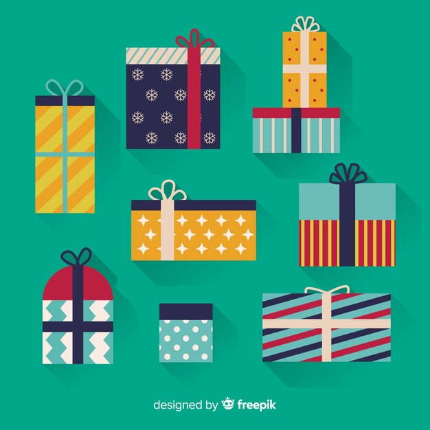 Coleção de caixas de presente de Natal colorido em design plano