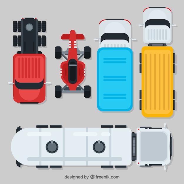 Coleção de carro com vista superior com caminhões e carro aberto