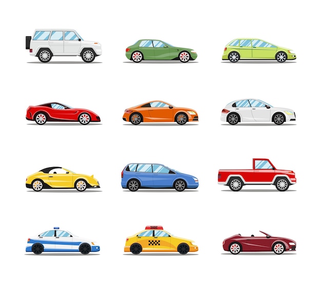 Coleção de carros de vetor. Veículos em estilo plano