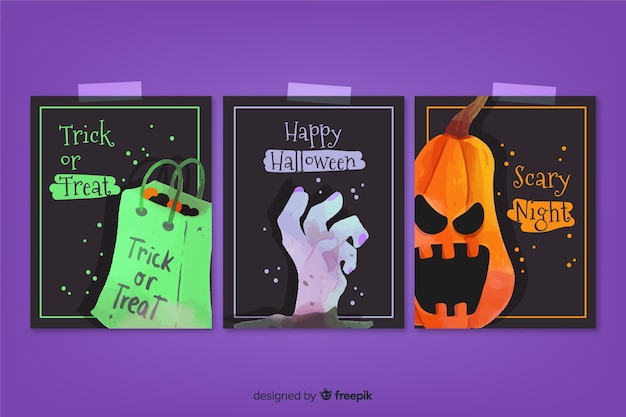 Coleção de cartão assustador de halloween em aquarela