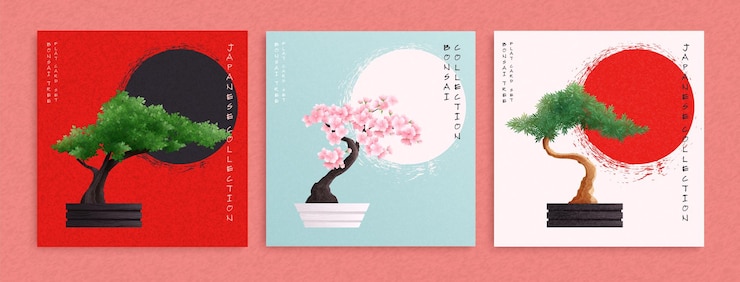 Vetor grátis coleção de cartas japonesas planas com árvores bonsai em vasos verdes e florescendo isoladas em ilustração vetorial de fundo texturizado