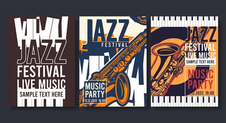 Vetor grátis coleção de cartazes de jazz modelos de folheto em design plano