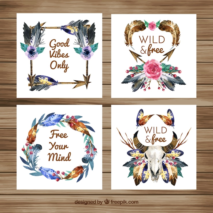 Vetor grátis coleção de cartões de boho em estilo aquarela