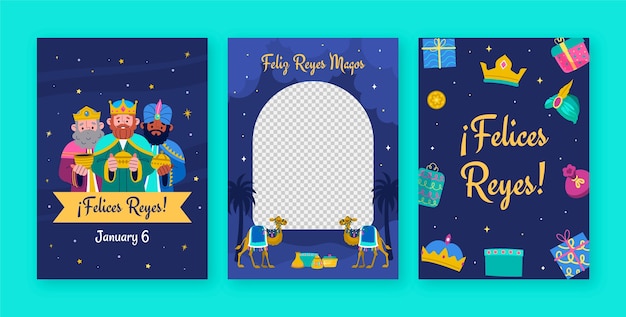 Vetor grátis coleção de cartões de felicitações planos para reyes magos