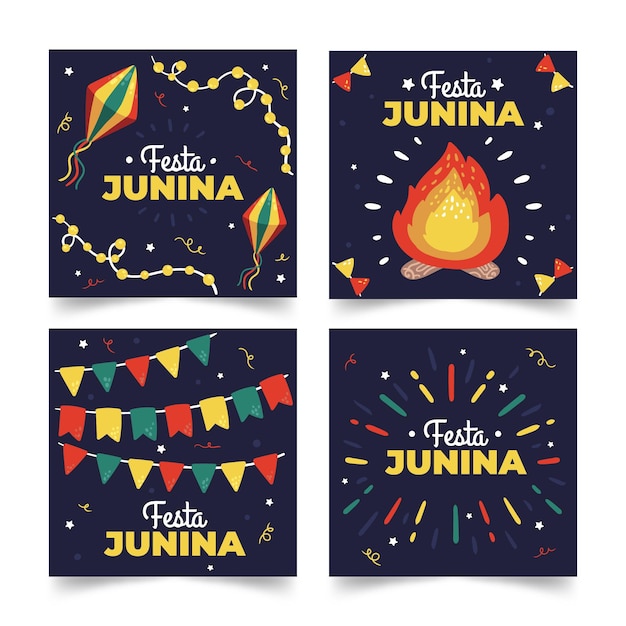 Coleção de cartões de festa junina desenhada à mão