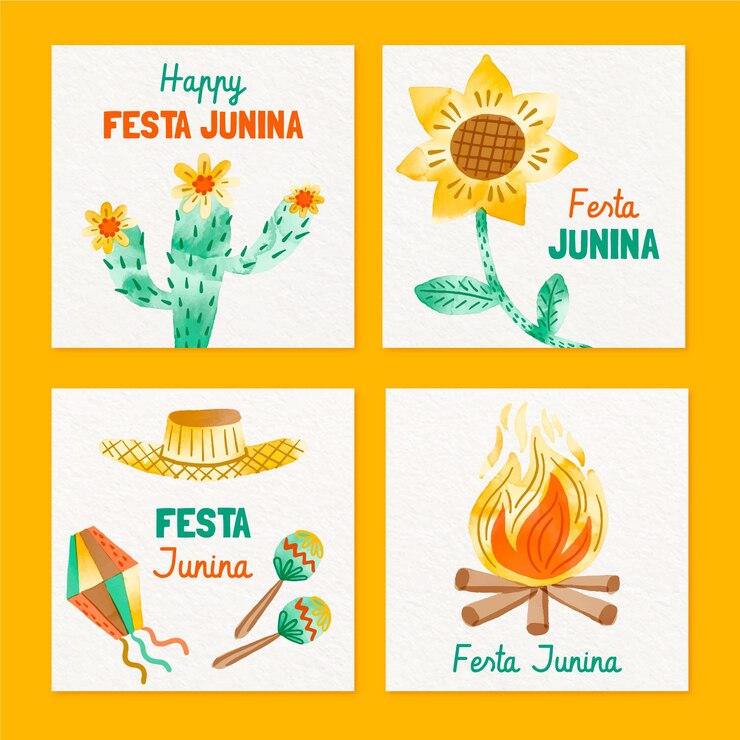Vetor grátis coleção de cartões de festa junina pintados à mão em aquarela