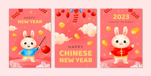 Vetor grátis coleção de cartões de saudação de ano novo chinês em aquarela