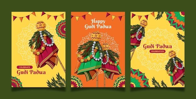 Vetor grátis coleção de cartões de saudação de gudi padwa desenhados à mão