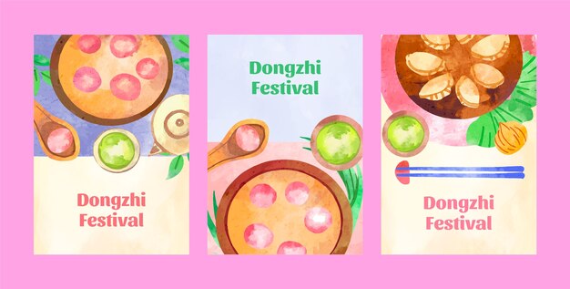 Vetor grátis coleção de cartões de saudação em aquarela para o festival chinês de dongzhi
