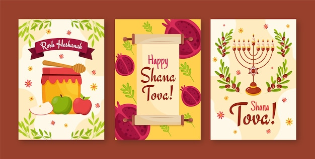 Vetor grátis coleção de cartões de saudação planos para a celebração do ano novo judaico de rosh hashanah