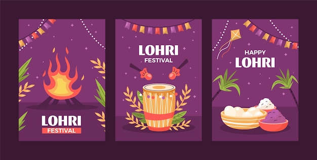 Vetor grátis coleção de cartões de saudação planos para a celebração do festival lohri