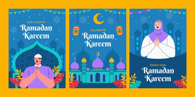 Vetor grátis coleção de cartões de saudação planos para a celebração islâmica do ramadã.