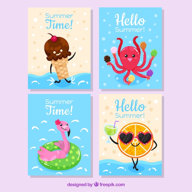 Vetor grátis coleção de cartões de verão com desenhos animados bonitos