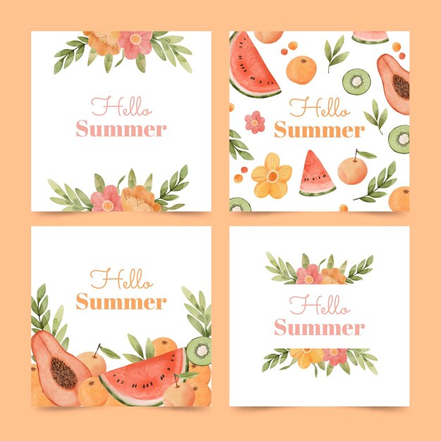 Coleção de cartões de verão em aquarela pintada à mão
